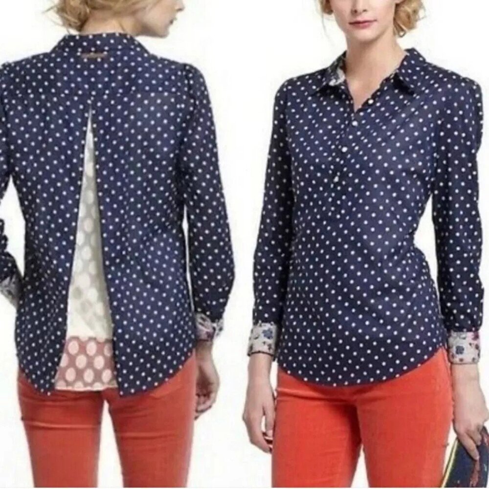 Anthropologie Navy Polka Dot Button-Up Blouse